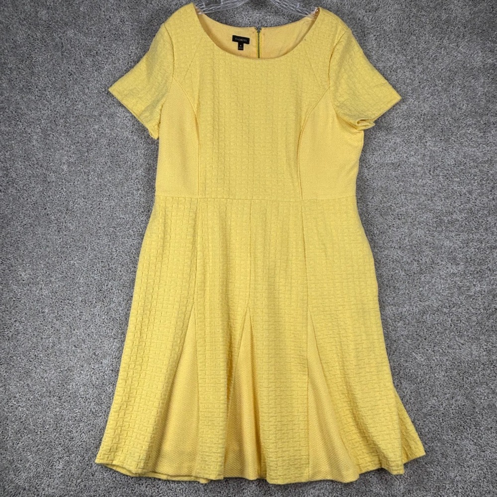 Talbots Yellow Basketweave Texture Fit & Flare Dress Pockets Size 16 Sleeved